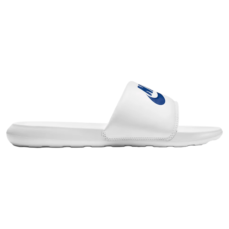 Side view of the Nike Victori One Sandals in White colourway, unisex model