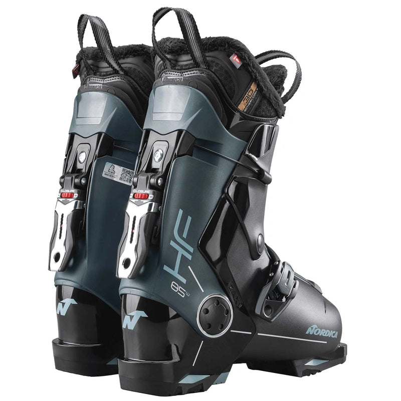 Back view of the Nordica 2026 HF 85 GW Ski Boots in Black/Green/Aqua colourway, womens's model.
