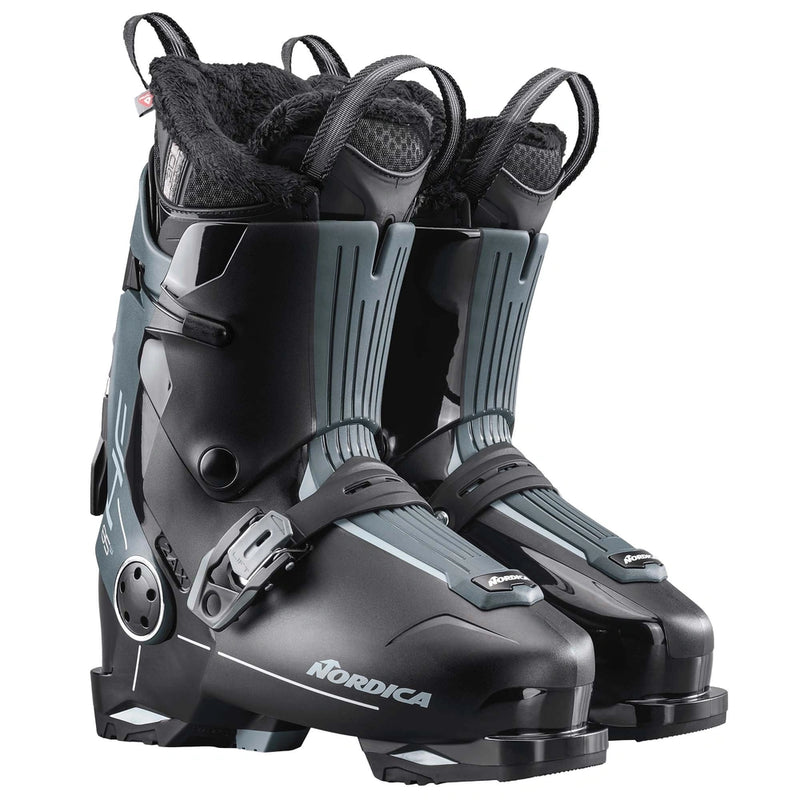 Pair view of the Nordica 2026 HF 85 GW Ski Boots in Black/Green/Aqua colourway, womens's model.