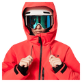 Hood view of the Oakley Canopy Insulated Jacket in HIBISCUS RED colourway, women model