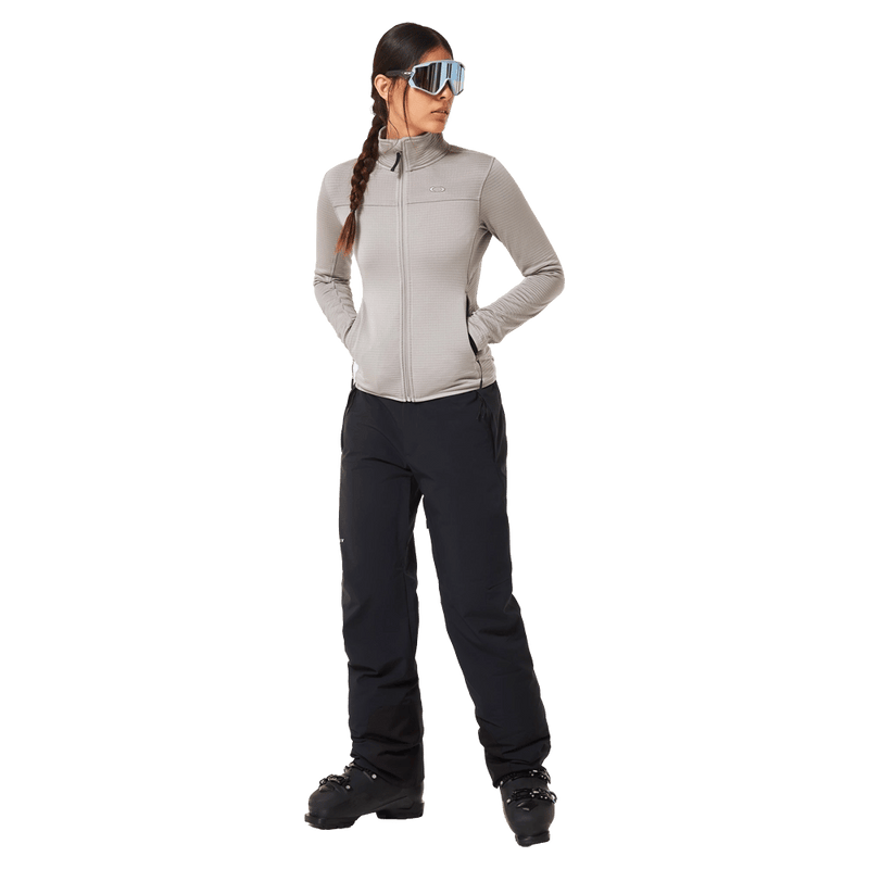 Front view of the Oakley Canopy Insulated Ski Pants in Blackout colourway, women model