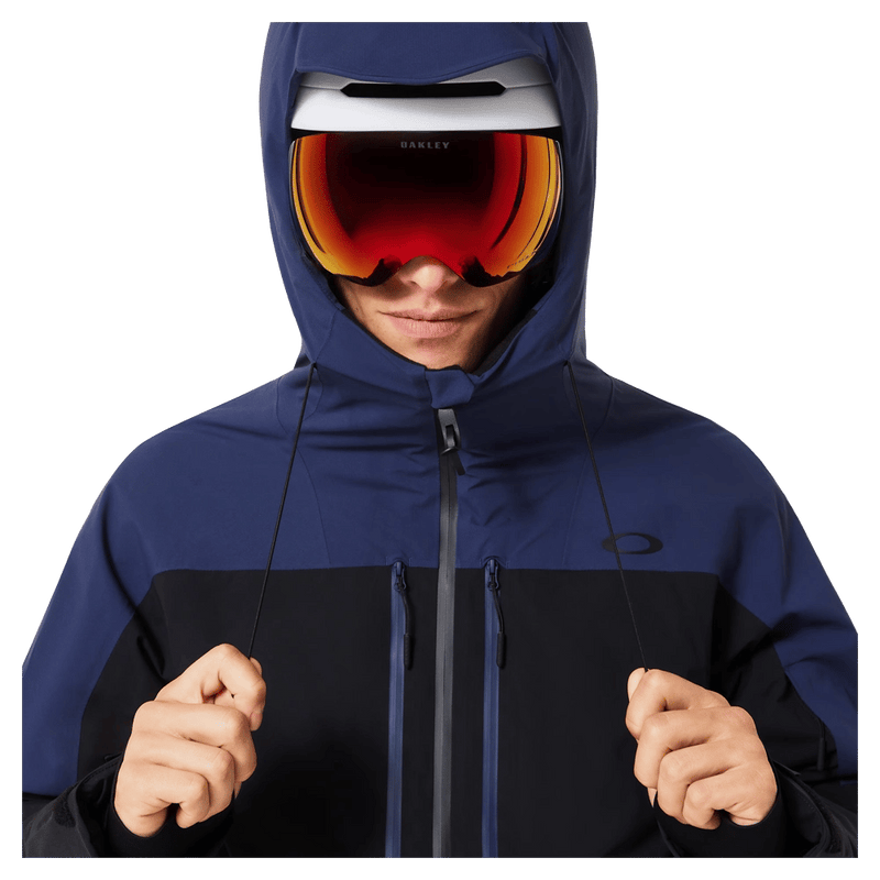 Hood view of the Oakley Canopy Pro Insulated Ski Jacket in ABYSS and BLACK colourway, men's model