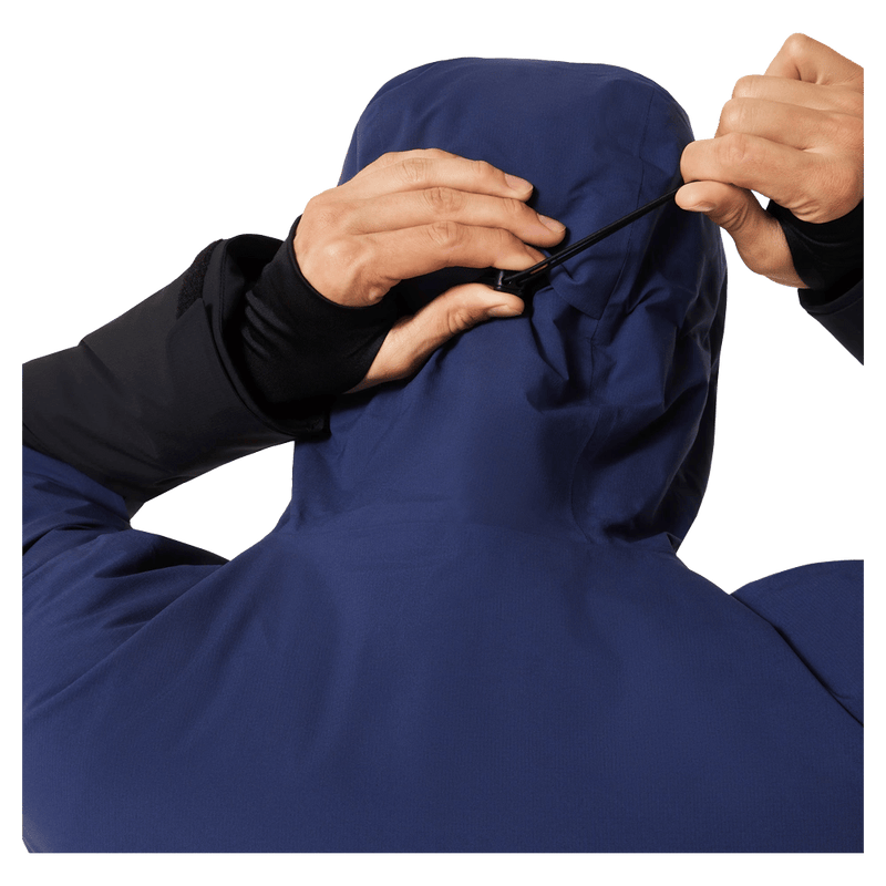 Hood view of the Oakley Canopy Pro Insulated Ski Jacket in ABYSS and BLACK colourway, men's model