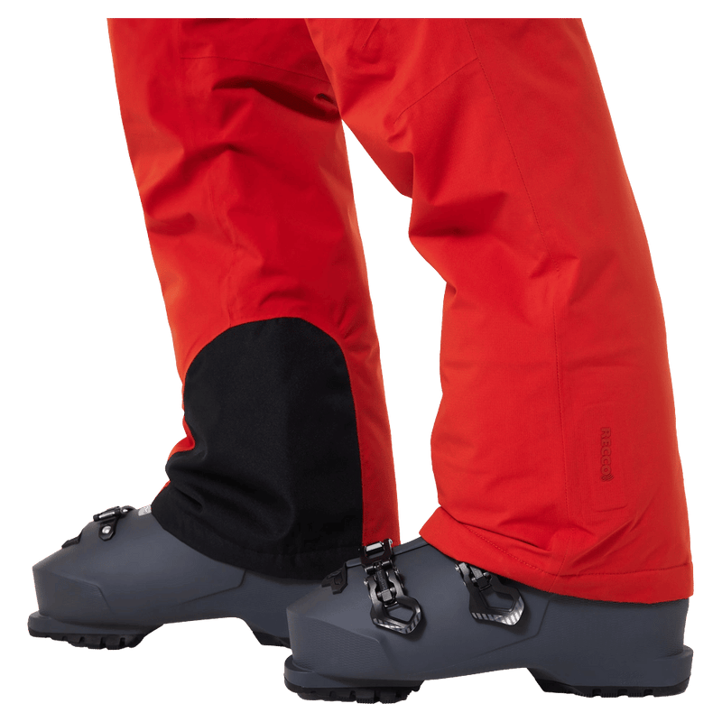 Detail view of the Oakley Canopy Pro Insulated Ski Pants in FLAME RED and ROSEWOOD colourway, men's model