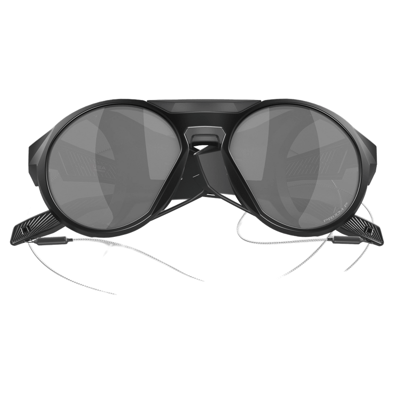 Folded view of the Oakley Clifden Sunglasses in Matte Black, Prizm Black Iridium lens, unisex model
