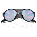 Folded view of the Oakley Clifden Sunglasses in Polished Black, Prizm Snow Sapphire lens, unisex model