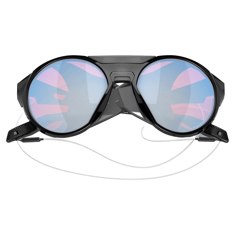 Folded view of the Oakley Clifden Sunglasses in Polished Black, Prizm Snow Sapphire lens, unisex model