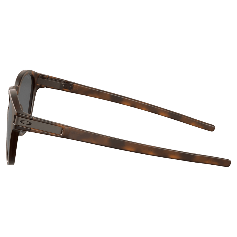 Side view of the Oakley Latch Sunglasses in Matte Brown Tortoise, Black lens, unisex model