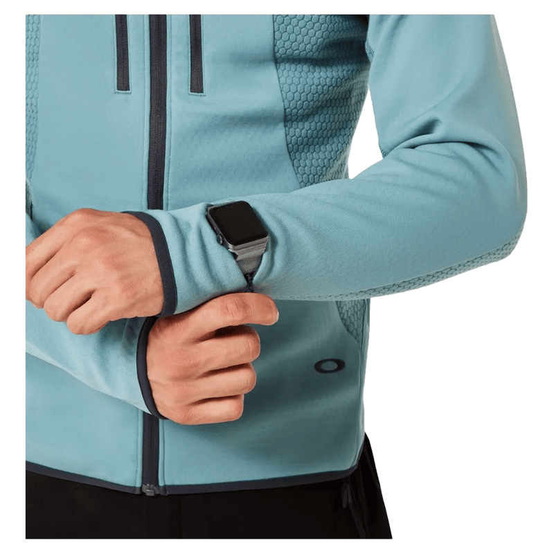 Detail view of the Oakley Drift Tech Fleece Hoodie in Pacific colourway, men's model