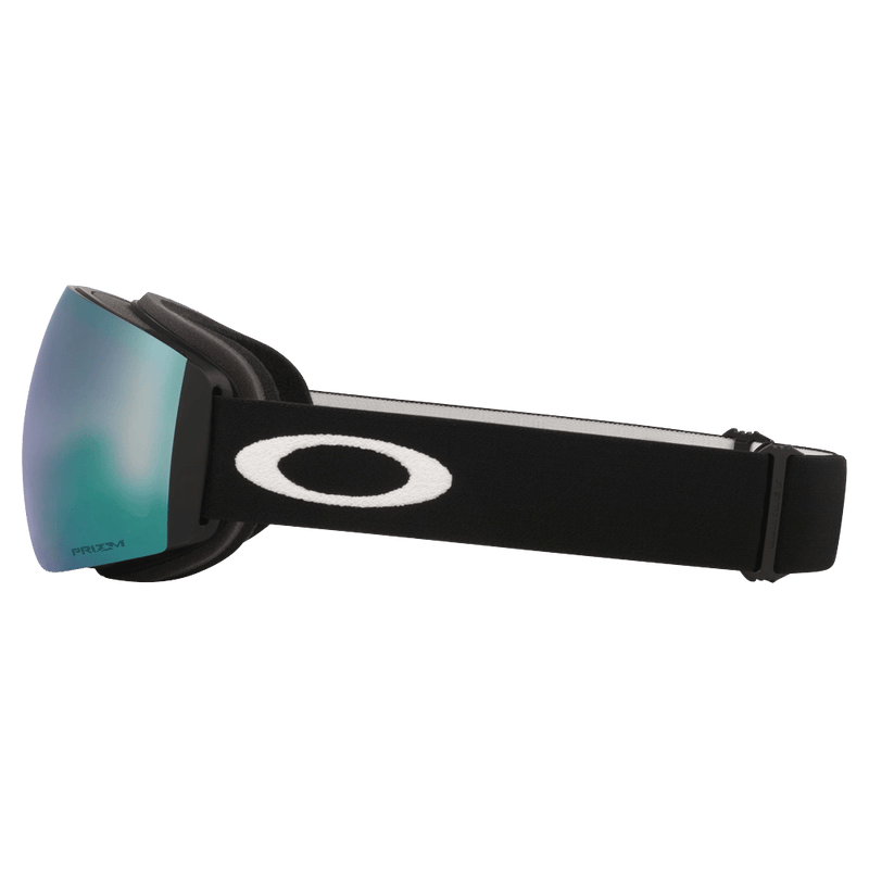 Side view of the Oakley Flight Deck Pro XM Goggles in Black, Prizm Sapphire and Iced lens, unisex model