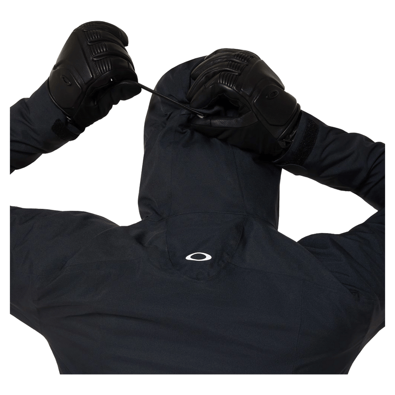 Hood view of the Oakley Kendall Rc Shell 2.0 Ski Jacket in Blackout colourway, men's model