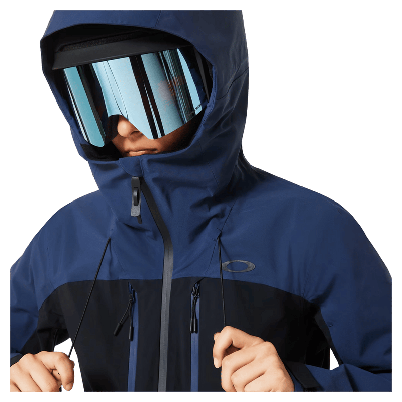 Hood view of the Oakley Kendall Rc Shell Ski Jacket in ABYSS and BLACK colourway, women's model