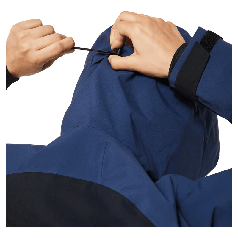 Hoode view of the Oakley Kendall Rc Shell Ski Jacket in ABYSS and BLACK colourway, women's model
