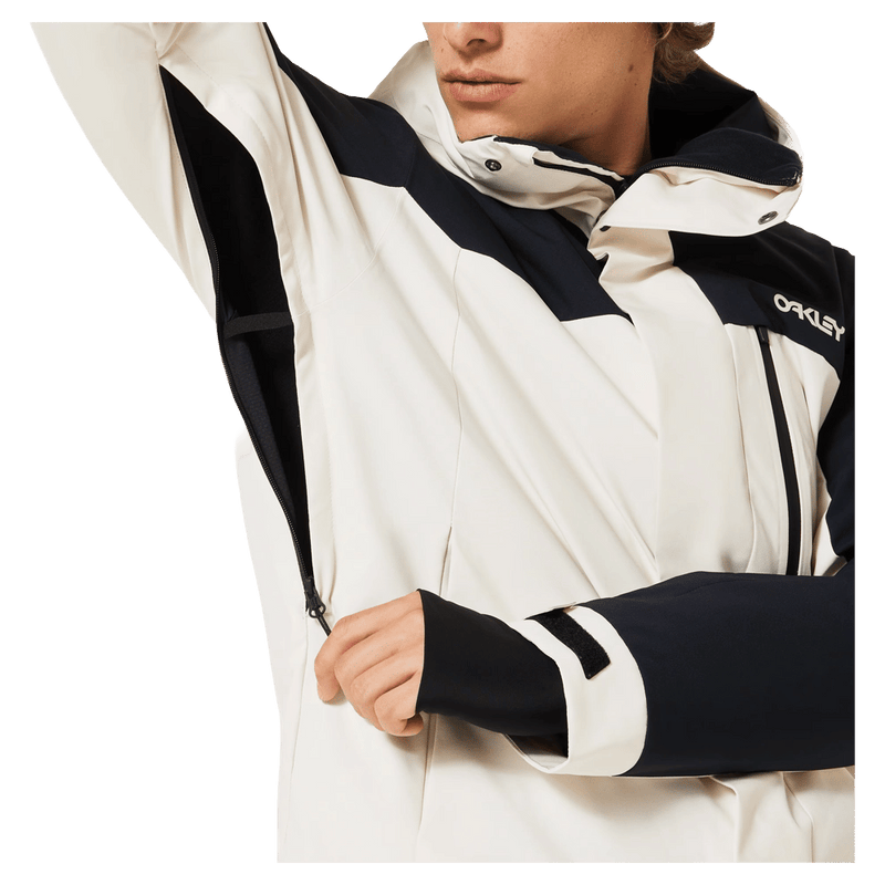 Vents view of the Oakley Tnp Tbt Insulated Ski Jacket in Mist colourway, unisex's model