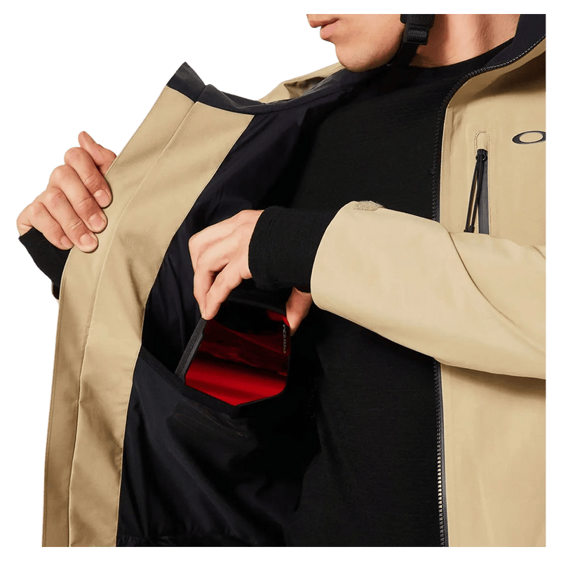 Inside pockets view of the Oakley Unbound Gore-Tex Shell 2.0 Ski Jacket in Pebble colourway, men's model