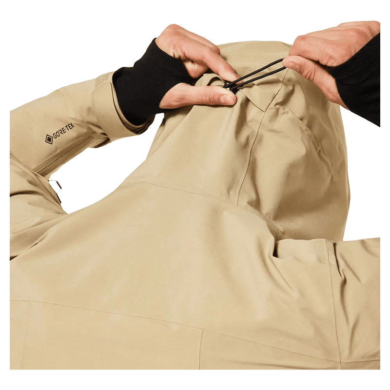 Hood view of the Oakley Unbound Gore-Tex Shell 2.0 Ski Jacket in Pebble colourway, men's model