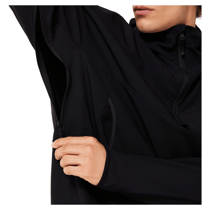 Detail view of the Oakley Wintertide Softshell Hoodie in Black colourway, unisex's model