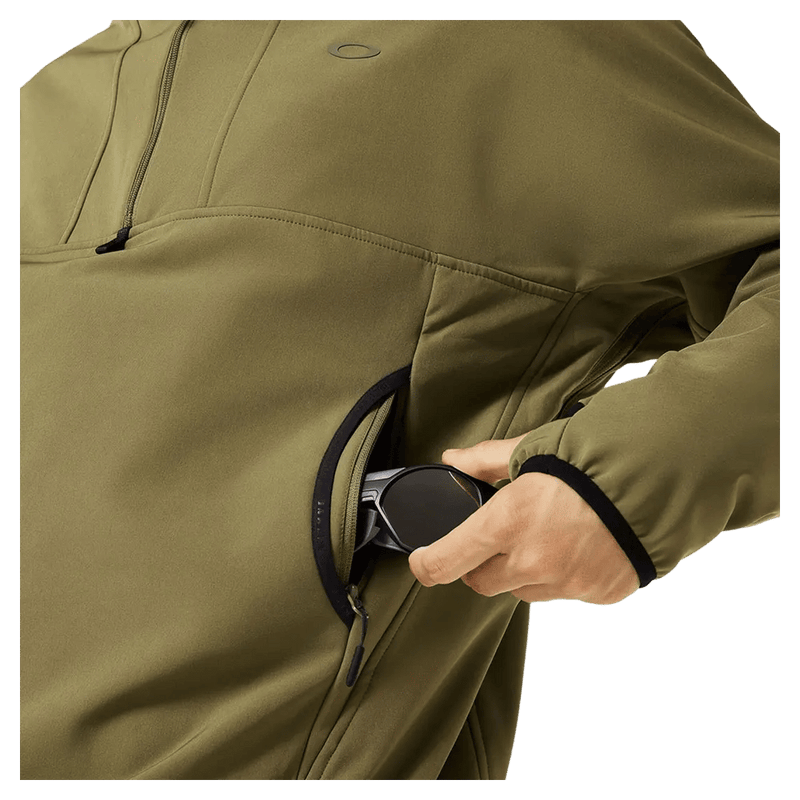 Detail view of the Oakley Wintertide Softshell Hoodie in Green Army colourway, unisex's model