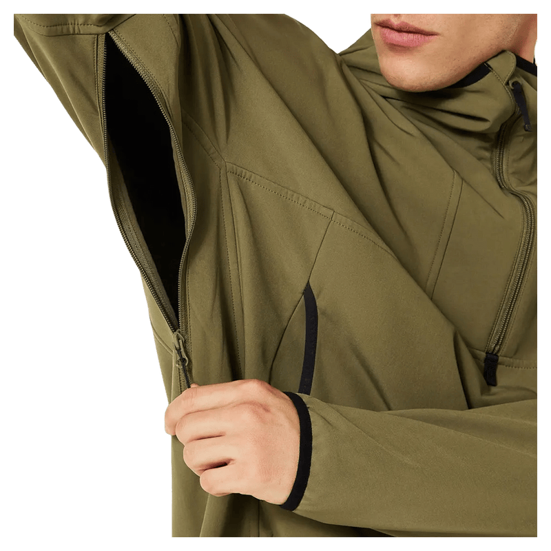 Detail view of the Oakley Wintertide Softshell Hoodie in Green Army colourway, unisex's model