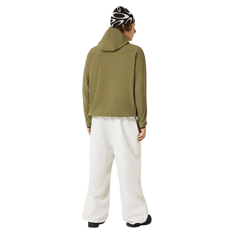 Back view of the Oakley Wintertide Softshell Hoodie in Green Army colourway, unisex's model