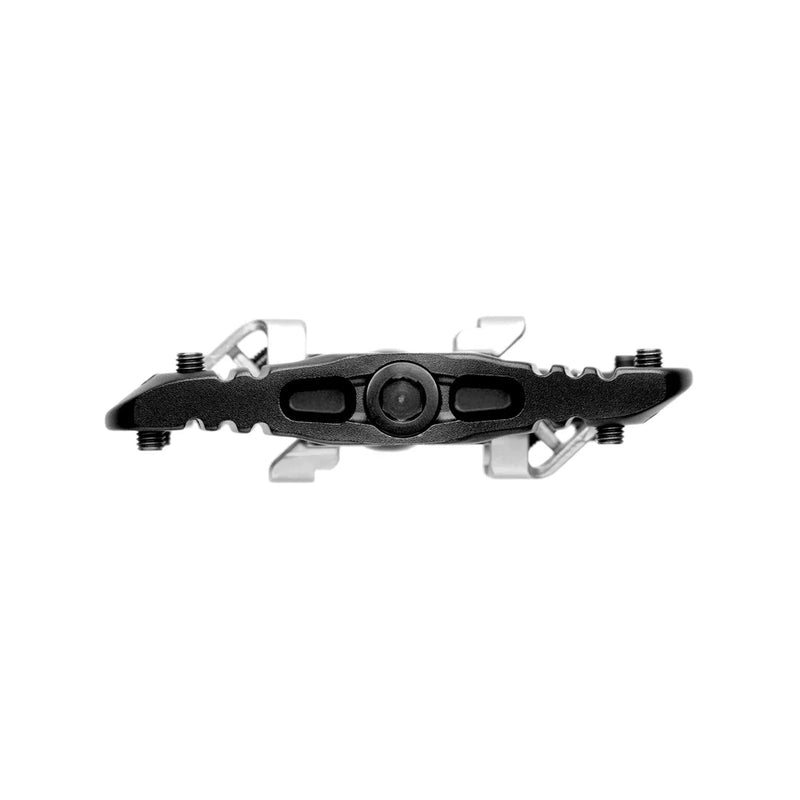 Side view of the OneUp Clip Pedals in Black colourway, unisex's model.