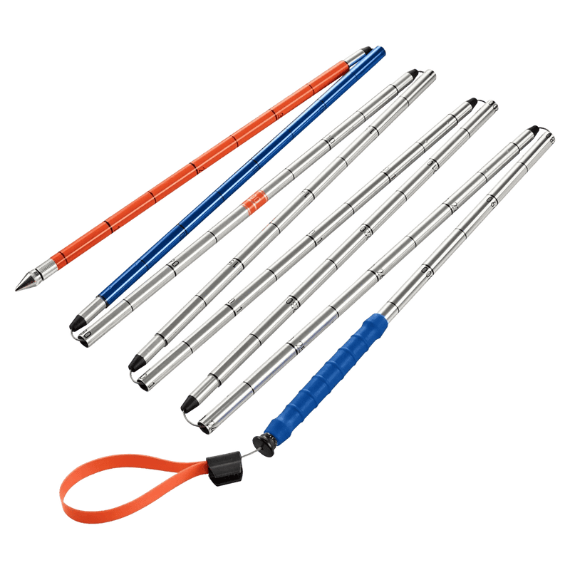 Ortovox Aluminium Avalanche Probe in silver, blue and orange sections with black lines and writing. Orange pull release and silver tip.