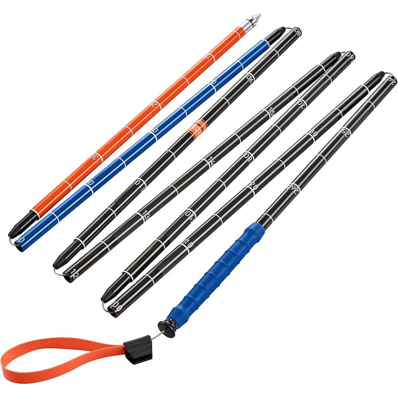 Ortovox Carbon Avalanche Probe whit blue, black and orange sections. White writing and numbers. a orange pull cord.