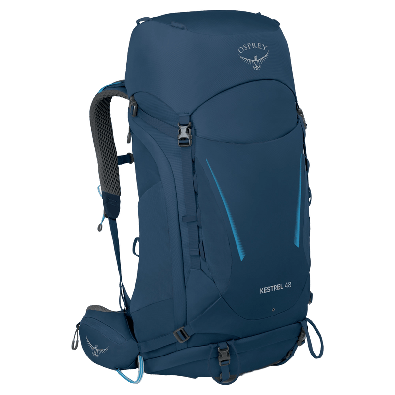 Main view of the Osprey Kestrel 48 Hydration Bag in Blue colourway, men model
