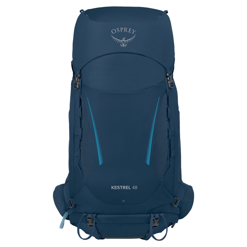 Front view of the Osprey Kestrel 48 Hydration Bag in Blue colourway, men model