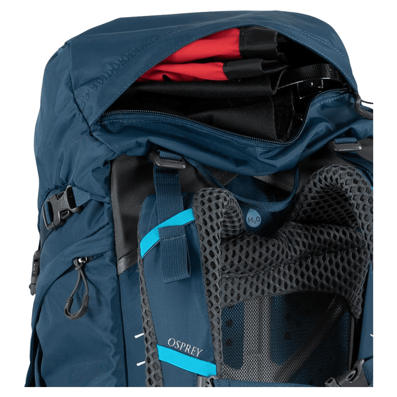 Feature view of the Osprey Kestrel 48 Hydration Bag in Blue colourway, men model