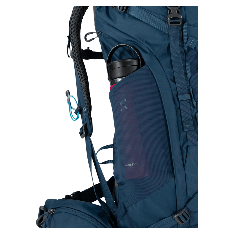 Bottle Pocket view of the Osprey Kestrel 48 Hydration Bag in Blue colourway, men model