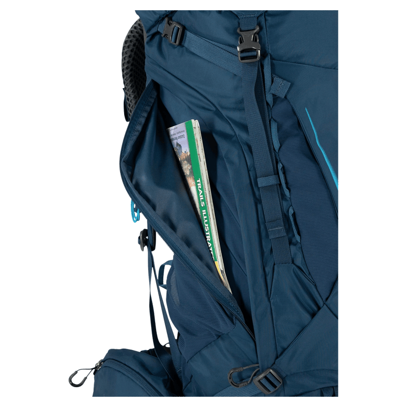 Feature view of the Osprey Kestrel 48 Hydration Bag in Blue colourway, men model