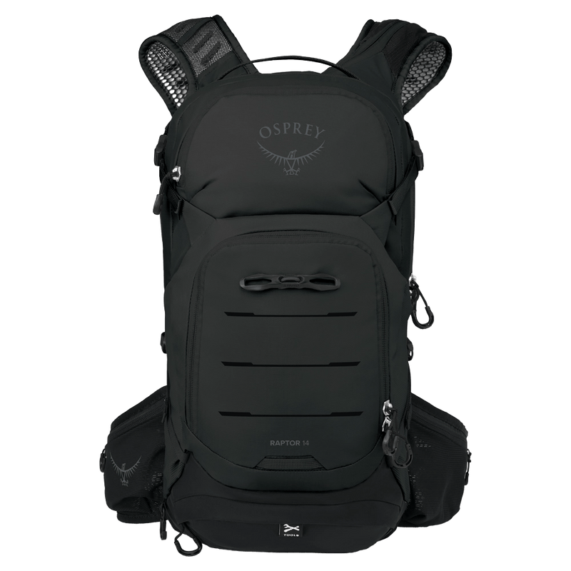 Front view of the Osprey Raptor 14L Hydration Bag in Black colourway, men model