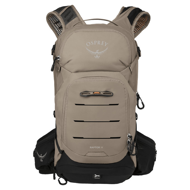 Front view of the Osprey Raptor 14L Hydration Bag in Grey colourway, men model