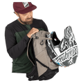 MTB Helmet carrier  view of the Osprey Raptor 14L Hydration Bag in Grey colourway, men model