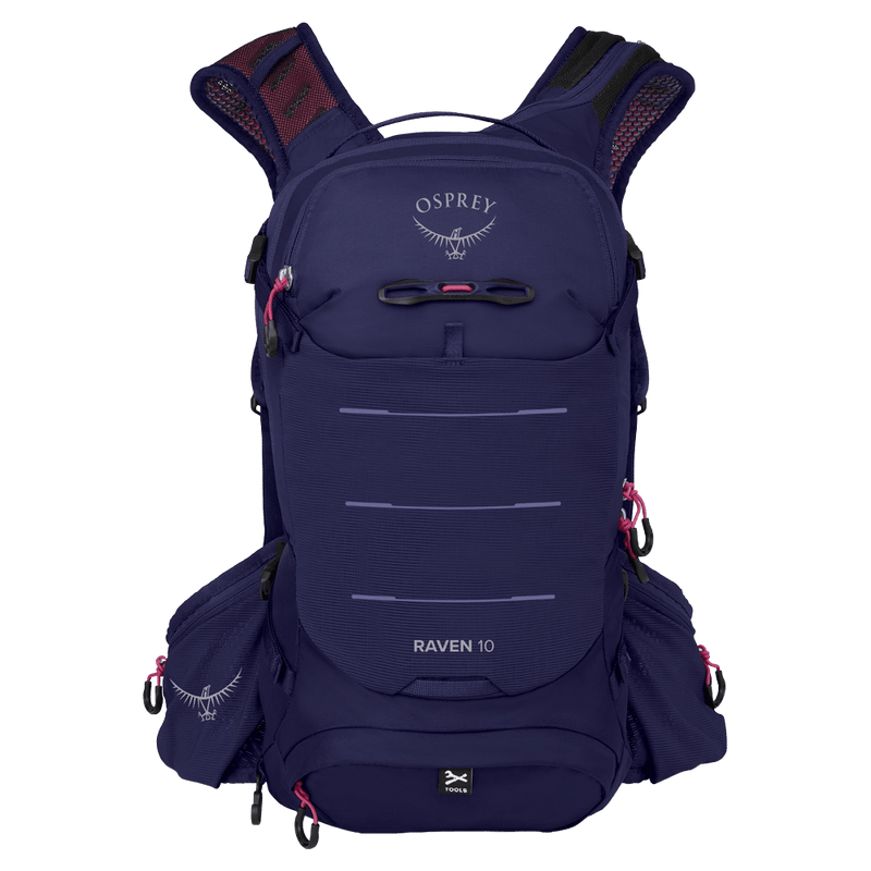 Front view of the Osprey Raven 10 Hydration Bag in Deep Fig colourway, women model