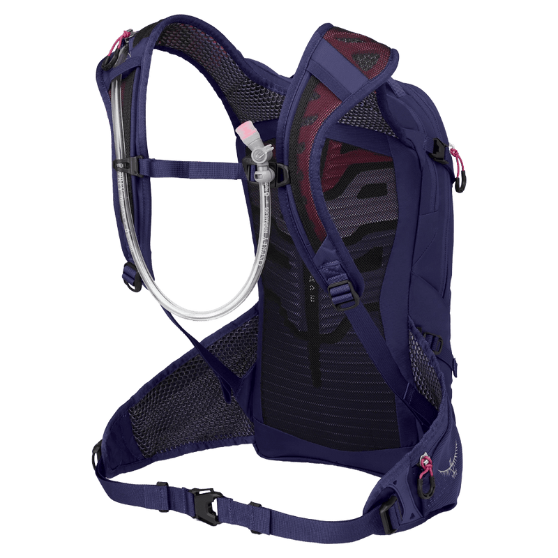 Back view of the Osprey Raven 10 Hydration Bag in Deep Fig colourway, women model