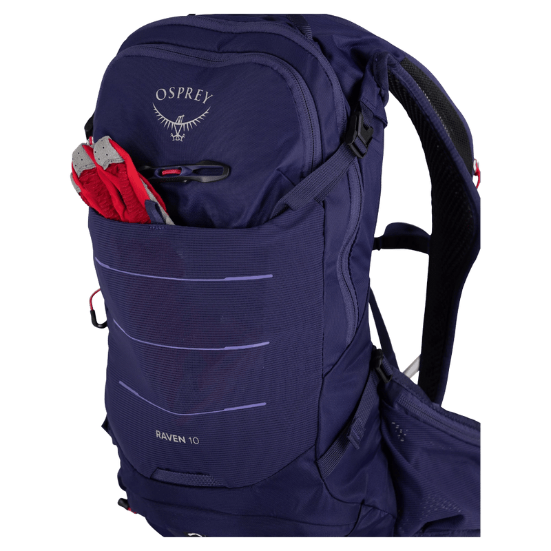 Front pocket view of the Osprey Raven 10 Hydration Bag in Deep Fig colourway, women model