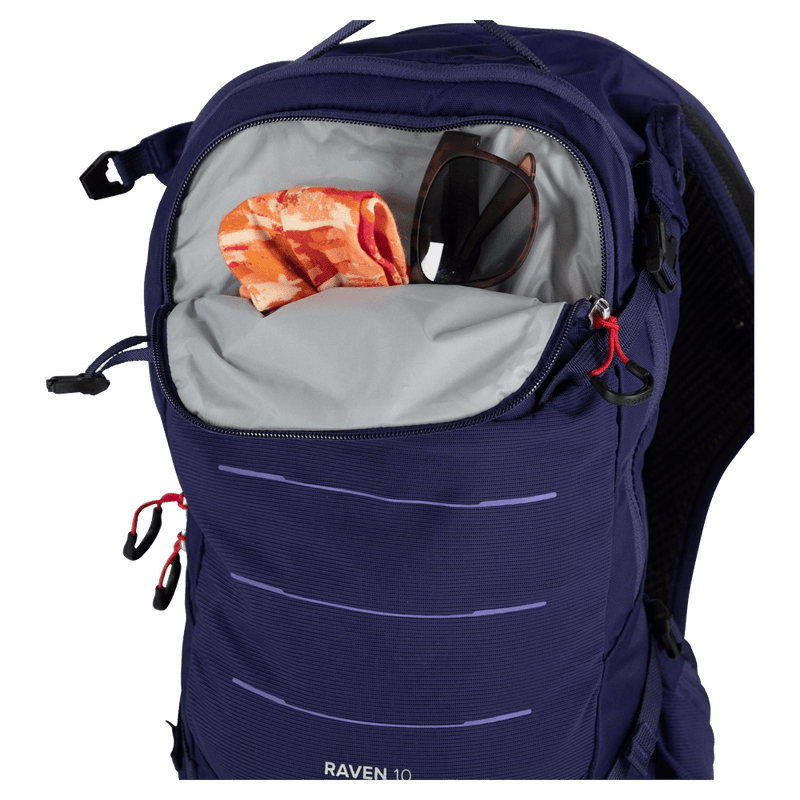 Feature view of the Osprey Raven 10 Hydration Bag in Deep Fig colourway, women model