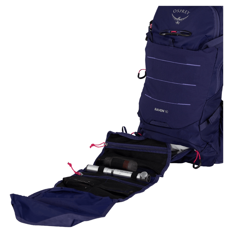 Feature view of the Osprey Raven 10 Hydration Bag in Deep Fig colourway, women model