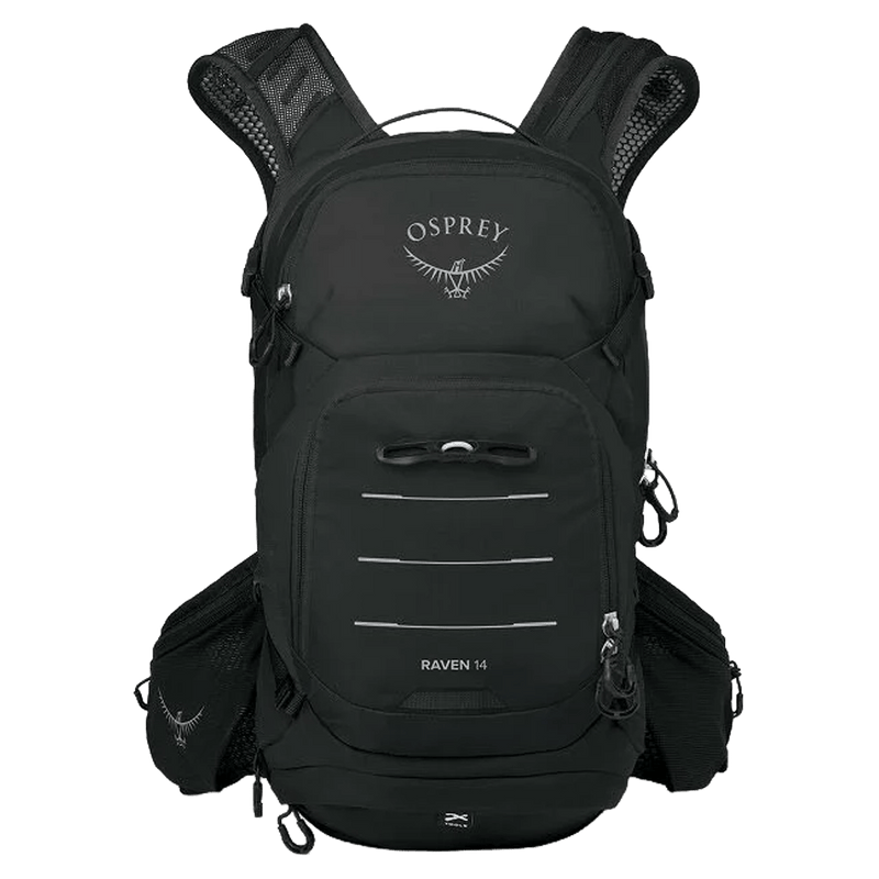 Front view of the Osprey Raven 14 Hydration Bag in Black colourway, women model