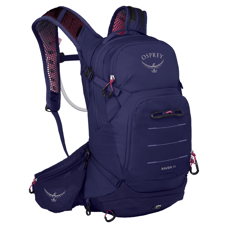 Main view of the Osprey Raven 14 Hydration Bag in Deep Fig colourway, women model