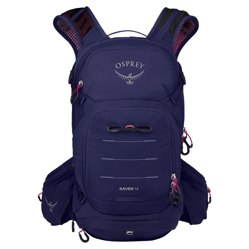 Front view of the Osprey Raven 14 Hydration Bag in Deep Fig colourway, women model