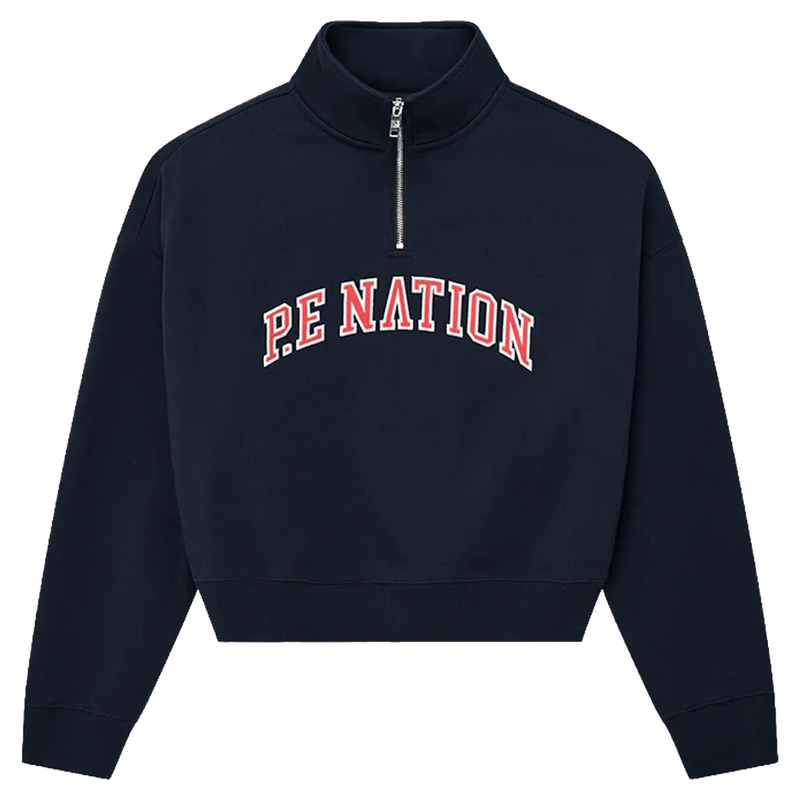 Main view of the P.E Nation Legacy Quarter Zip Jumper in Dark Navy colourway, women model