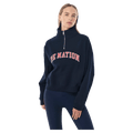 Front view of the P.E Nation Legacy Quarter Zip Jumper in Dark Navy colourway, women model
