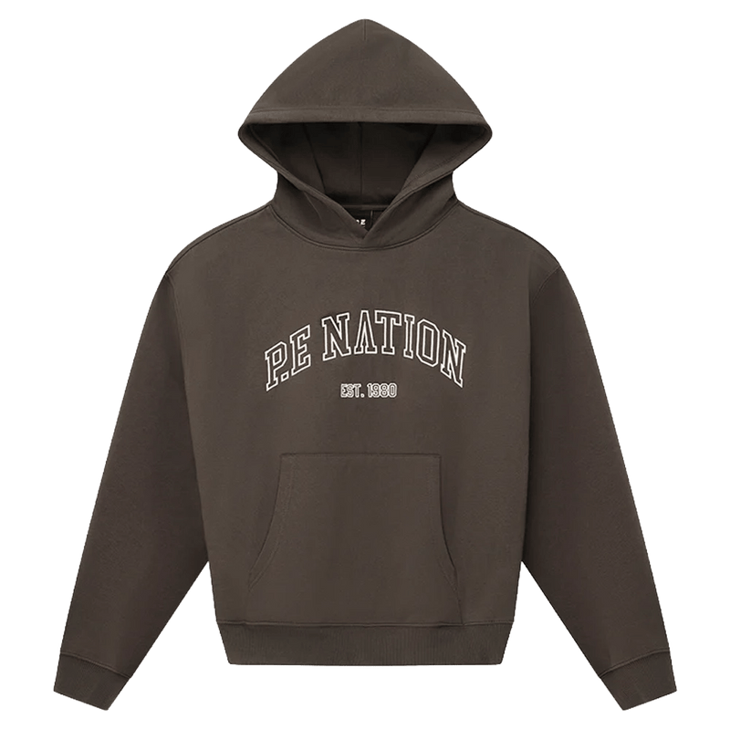 Main view of the P.E Nation Core Hoodie in Dark Olive colourway, women model