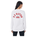 Back view of the P.E Nation Established Long Sleeve Tee in Optic White colourway, women model