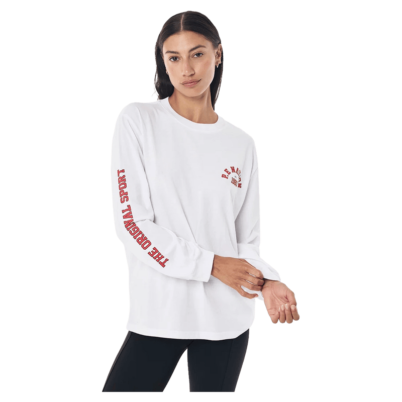 Front view of the P.E Nation Established Long Sleeve Tee in Optic White colourway, women model