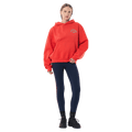 Full-body view of the P.E Nation Established Hoodie in College Red colourway, women model