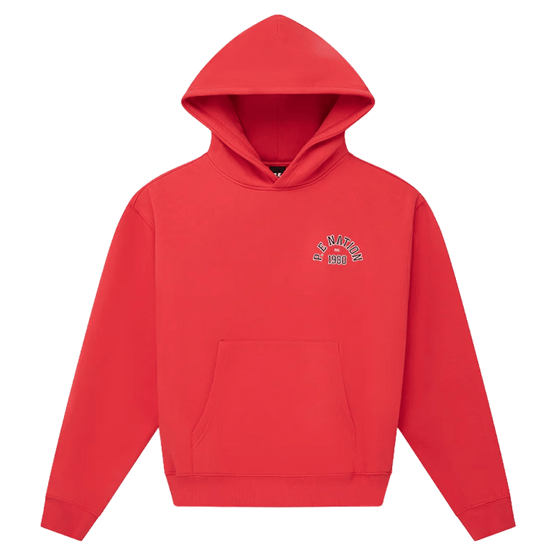 Main view of the P.E Nation Established Hoodie in College Red colourway, women model